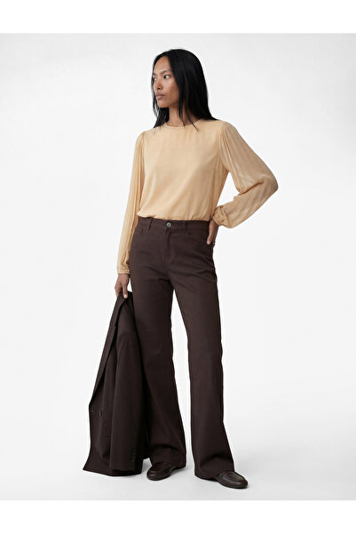 Koton Long Sleeve Crew Neck Pleated Chiffon Blouse