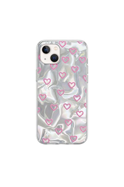 Zebana Apple iPhone 13 Uyumlu Kılıf Zebana Pink Heart Silikon Kılıf Pembe