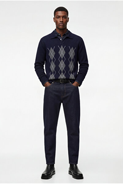 Koton Regular Fit Long Sleeve Diamond Pattern V-Neck Polo Knitwear Sweater