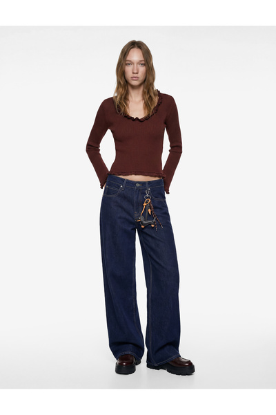 Koton slim fit Tricou cu mânecă lungă și decolteu în V cu detaliu cu volan