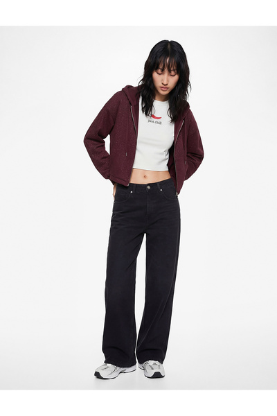 Koton Şardonlu Kapüşonlu Baskılı Simli Cep Detaylı Fermuarlı Sweatshirt