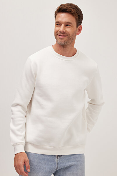 Tudors Unisex Relax Fit Rahat Kesim Pamuklu 3 İplik İçi Polarlı Beyaz Bisikle...