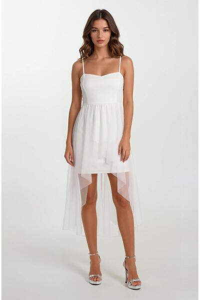 Spazio Darianna Kalp Yaka Askılı Önü Kısa Arkası Uzun Kısa Abiye Elbise BEYAZ