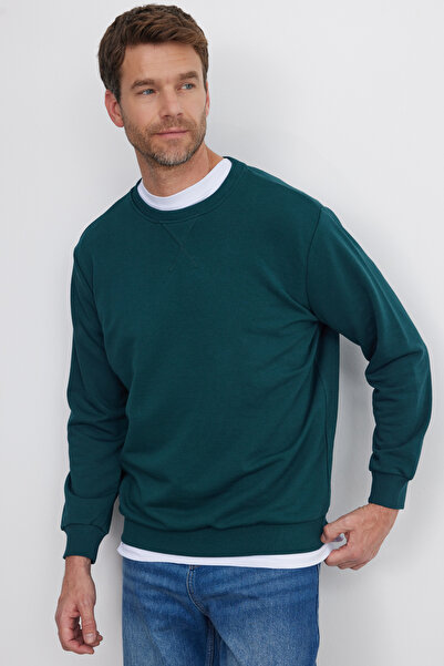 Tudors Unisex Relax Fit Rahat Kesim %100 Pamuk 3 İplik Basic Yeşil Bisiklet Y...