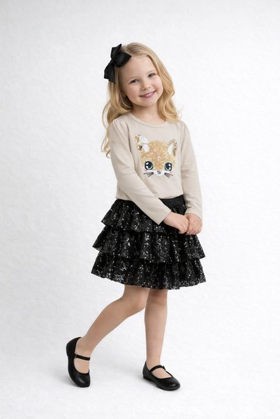 Moonbelle Girl's Long Sleeve T-Shirt with Moving Sequins and Embroidered Cat Figure – Beige