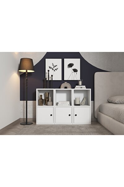 Nettrends Üç Kapaklı Raflı Beyaz Şifonyer Çıtasız Şfn-1057-ç
