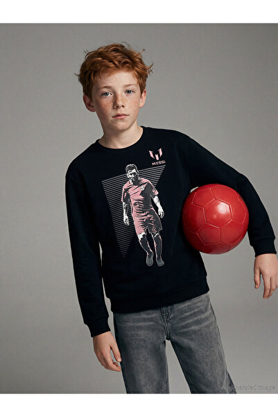 LC Waikiki سويت شيرت أسود بياقة دائرية ميسي مطبوع للأولاد سميك