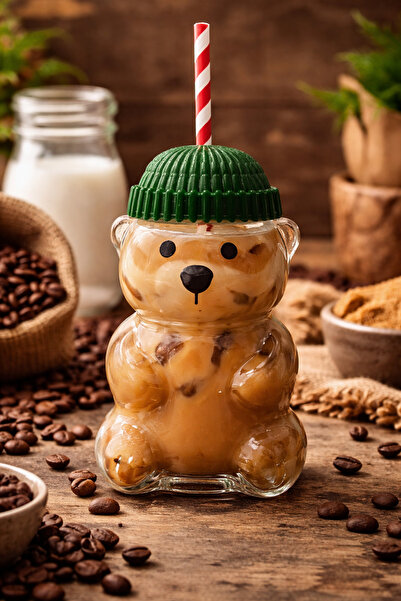 Fhilli Barista Glass Cold Drink Cup Cute Teddy Bear Cup 550 ml