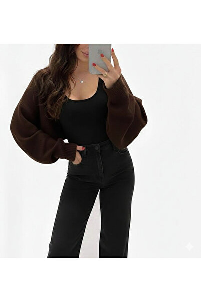 MaxiMor Kadın Kahve Renk Triko Örgü Reglan Kol Bolero Hırka Kore Tarzı 4 Mevsim