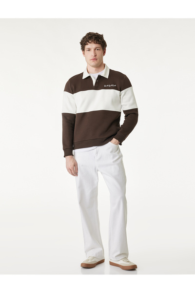 Koton Long Sleeve Embroidered R Color Block Polo Neck Sweatshirt