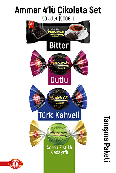AMMAR 4'lü Çikolata Seti Mix , (50 Adet) 500 GR, Antep Fıstıklı Kadayıflı , T...