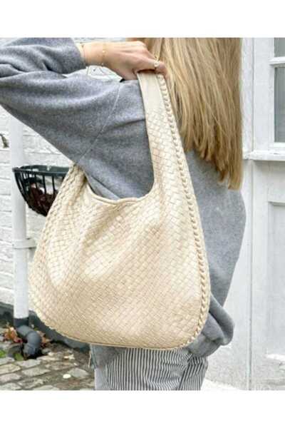 ÖZÜM TAKI Women's Large Size Knitted Patterned Shoulder Bag Cream
