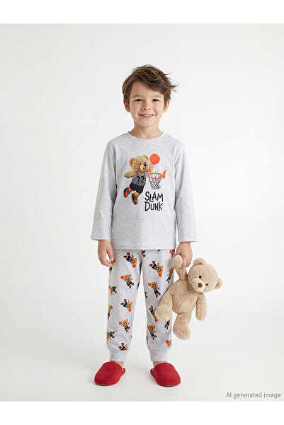 LC Waikiki Σετ πιτζάμες από χτενισμένο βαμβάκι για αγόρια Grey με τύπωμα από ...