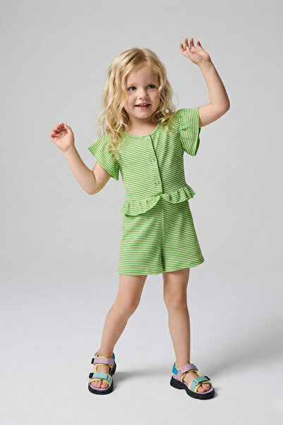 LUESS Kız Çocuk Fırfır Detaylı Çıtçıtlı Renkli Çizgili Tulum