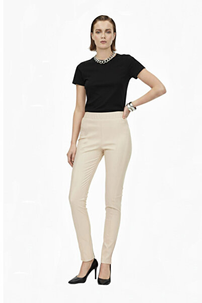 Deriderim Bej Kadın Beli Lastikli Cepsiz Tayt Hakiki Streç Deri Pantolon