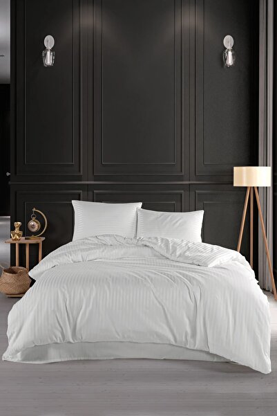 Home Double Striped Satin Duvet Cover Set White (with Elasticated Sheet)