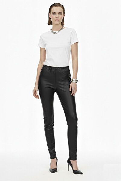 Deriderim Siyah Kadın Beli Lastikli Cepsiz Tayt Hakiki Streç Deri Pantolon