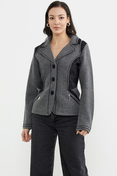 Sementa Jachetă din tricotaj cu detalii din lână și nubuc - Gri închis - Negru