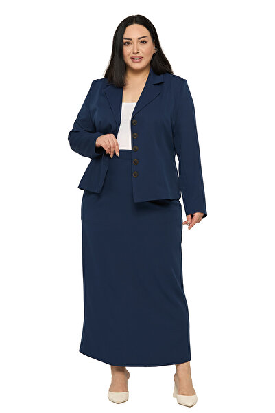 DISENTIS MODEST Plus Size Skirt Jacket Navy Blue Suit