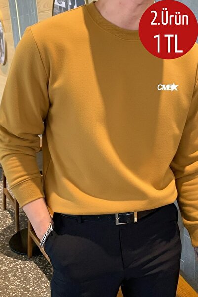 COMBİNE MİCHAİL Erkek CMB Yazı Baskılı Bol Hardal Sweatshirt