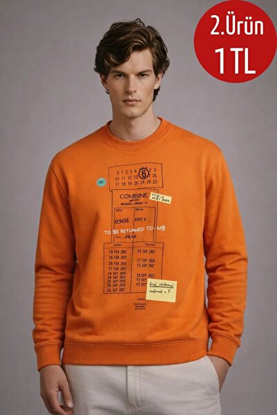 COMBİNE MİCHAİL Erkek Salaş Ön Baskılı Turuncu Sweatshirt