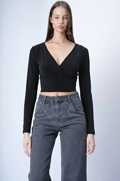 VAGGON Double-Breasted Collar Glitter Crop Blouse