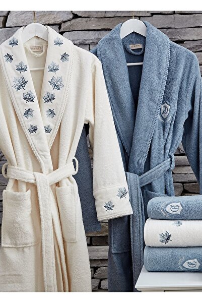 Dantela Leaf 6 Parça Pamuk Aile Bornoz Seti - Krem/mavi