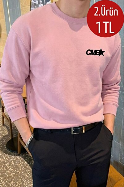 COMBİNE MİCHAİL Erkek CMB Yazı Baskılı Bol Pembe Sweatshirt