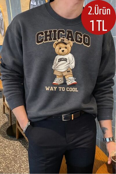 COMBİNE MİCHAİL Erkek Chıcago Baskılı Salaş Füme Sweatshirt