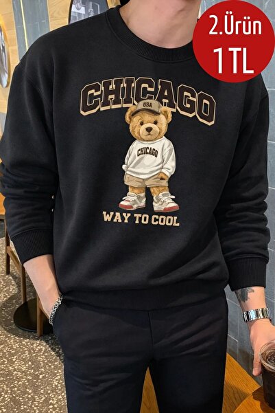 COMBİNE MİCHAİL Erkek Chıcago Baskılı Salaş Siyah Sweatshirt