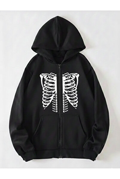 DUBU BUTİK Ζακέτα Skeleton - Μαύρη στάμπα Oversize με κουκούλα