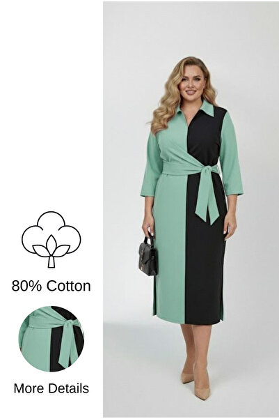 Koza Butik Kadın Büyük Beden Gömlek Yaka Bağlamalı Elbise 5399-26