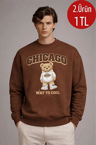 COMBİNE MİCHAİL Erkek CHICAGO Ayıcık Baskı Kahve Sweatshirt
