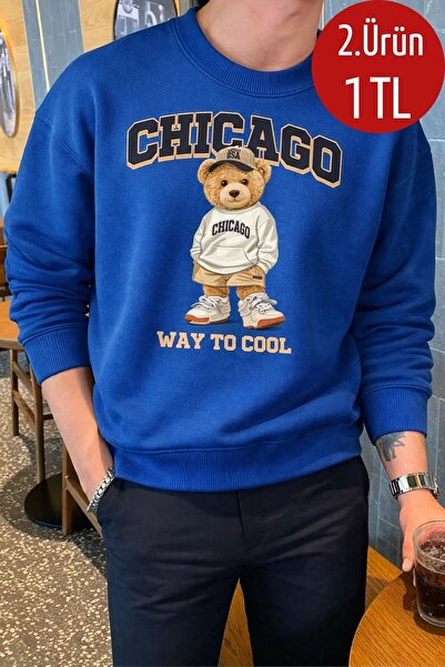 COMBİNE MİCHAİL Erkek Chıcago Baskılı Salaş Mavi Sweatshirt