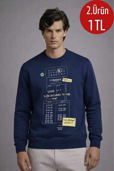 COMBİNE MİCHAİL Erkek Salaş Ön Baskılı Lacivert Sweatshirt