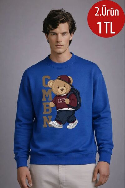 COMBİNE MİCHAİL Erkek CMBN Ayıcık Baskılı Mavi Sweatshirt