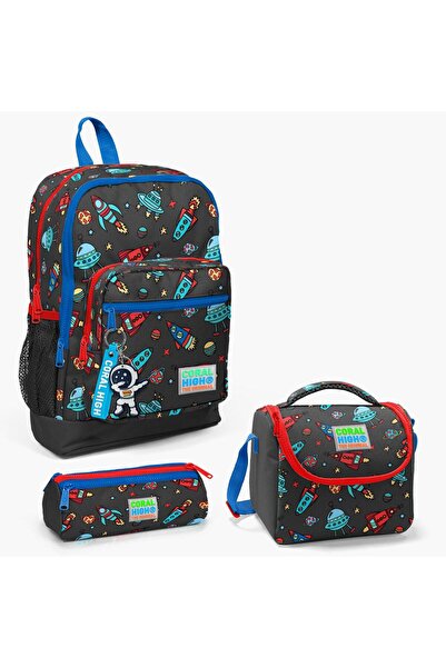 Coral High طقم حقائب مدرسية مكونة من 3 قطع بنمط الفضاء باللون الرمادي الداكن ...