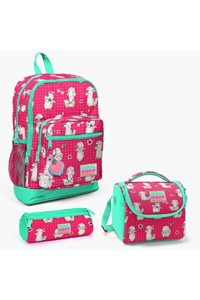 Coral High Kids Neon Mercan Su Yeşili Alpaka Desenli 3’lü Okul Çanta Seti SET...