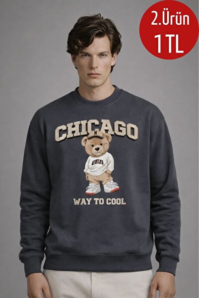 COMBİNE MİCHAİL Erkek CHICAGO Ayıcık Baskılı Füme Sweatshirt