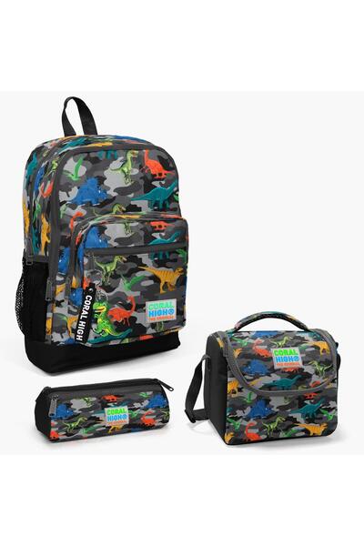 Coral High طقم حقائب مدرسية مكونة من 3 قطع بنمط ديناصور مموه باللون الرمادي ا...