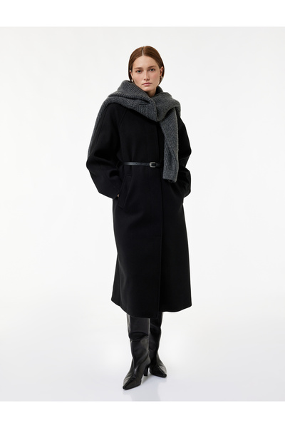Koton Belted Cashmere Coat with Pockets Regular Fit Long Sleeve