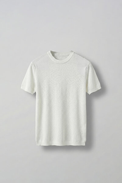 ablukaonline تي شيرت رجالي من التريكو المرن ذو قصة عادية وياقة دائرية، لون إكرو