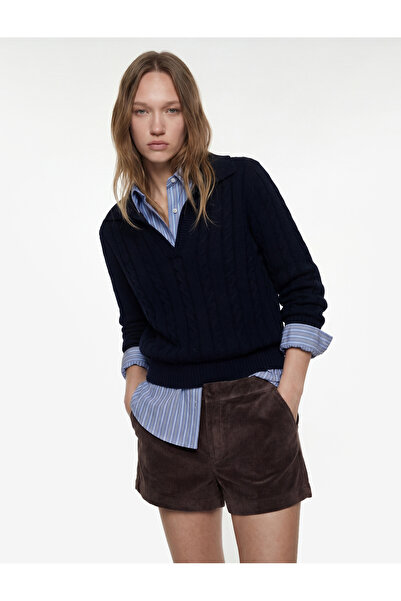 Koton Πλεκτό πουλόβερ με μακρυμάνικο πλεκτό πλέγμα με λαιμόκοψη πόλο