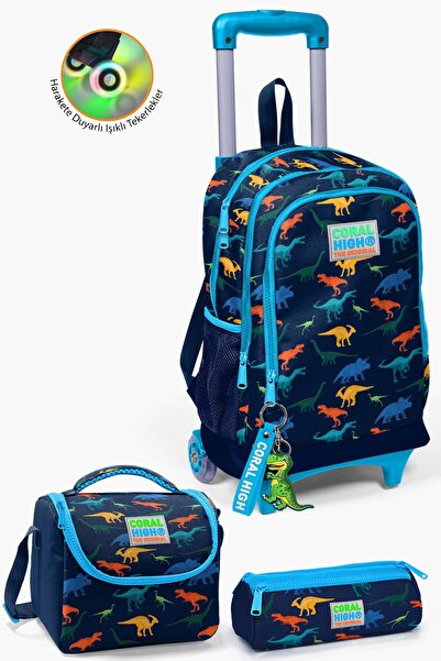Coral High Kids Navy Blue Dinosaur Patterned 3-Piece Bag Set with Squeegee SE...