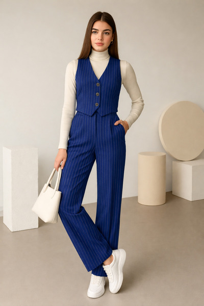 semela Pruhovaný dvojitý oblek námorníckej modrej Palazzo Pants Short Crop Vest