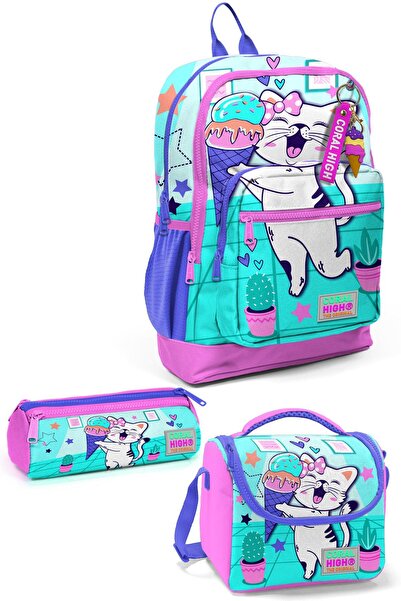 Coral High Σχολική τσάντα 3 τεμαχίων με μοτίβο γάτας τιρκουάζ ροζ - ΣΕΤ 0123751