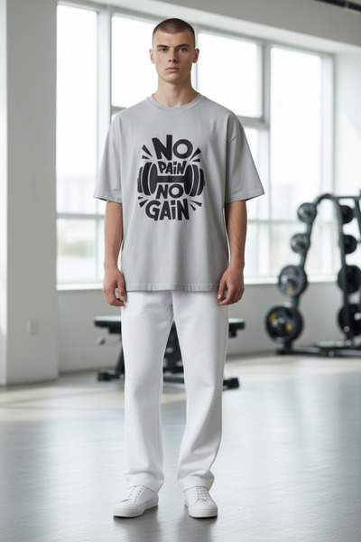 AHMERA Gray Unisex Oversize Crew Neck Printed Basic T-Shirt