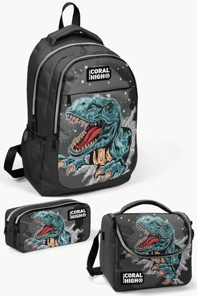Coral High Set de 3 genți de școală pentru copii, gri închis, negru, cu model...