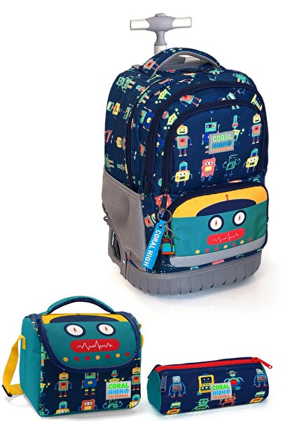 Coral High Σετ παιδικές τσάντες 3 τεμαχίων με μοτίβο ρομπότ Navy Blue με ρόμπ...