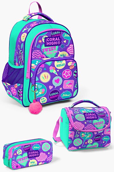 Coral High Kids Su Yeşili Mor Desenli 3'lü Okul Çanta Seti SET0114413